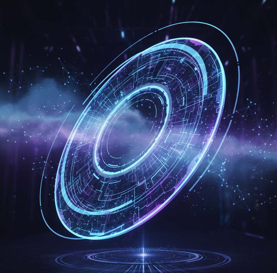 Holographic disc representing Fintech and Blockchain innovation